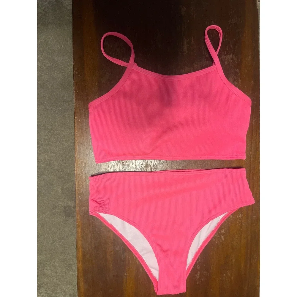 Girls Neon Pink Ribbed Bikini Set High Waisted Two Piece Swimsuit XL